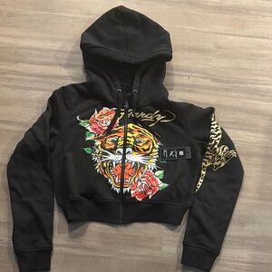 Ed Hardy Black cropped Hoodie with Tiger and Floral Motif